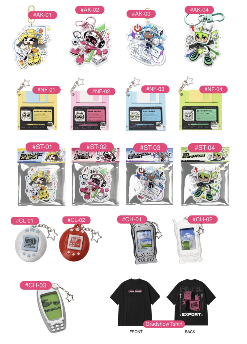 Final Export merchandise catalogue showing all designs